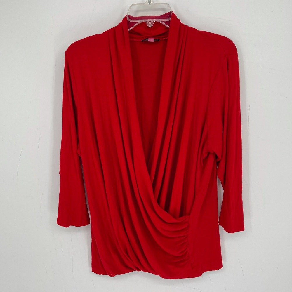 Vince Camuto Women's Red Draped Surplice 3/4 Sleeve Stretch Blouse Plus Size 2X